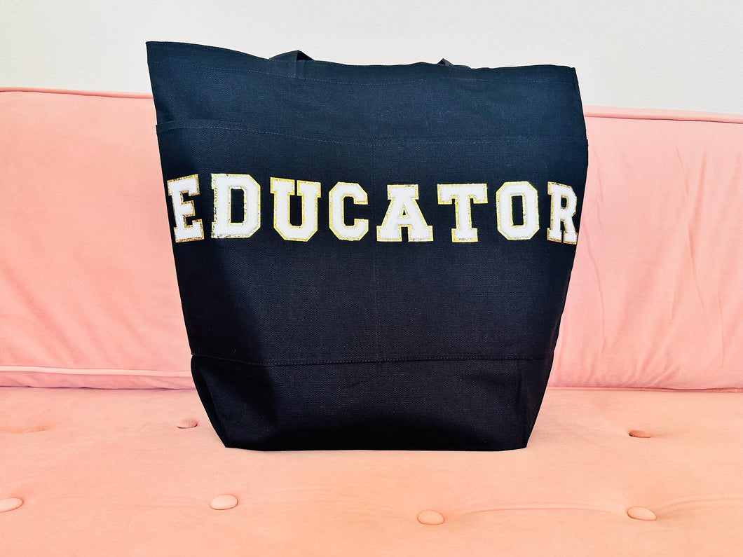 Educator Tote - White with Gold Sequins